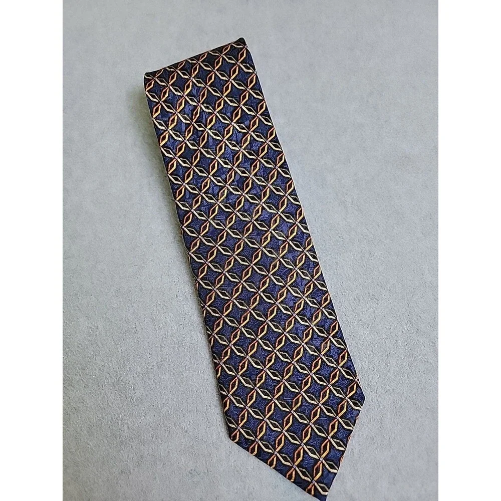 Vintage JZ Richards Silk‎ Tie Mens Blue Gold Geometric Nordstrom USA 80s 90s NEW